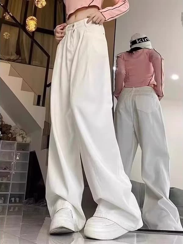 White Pleated Wide-Leg Jeans for Women Fall New High-Waist Loose 2024 Slimming Straight-Leg Floor-Length Pants