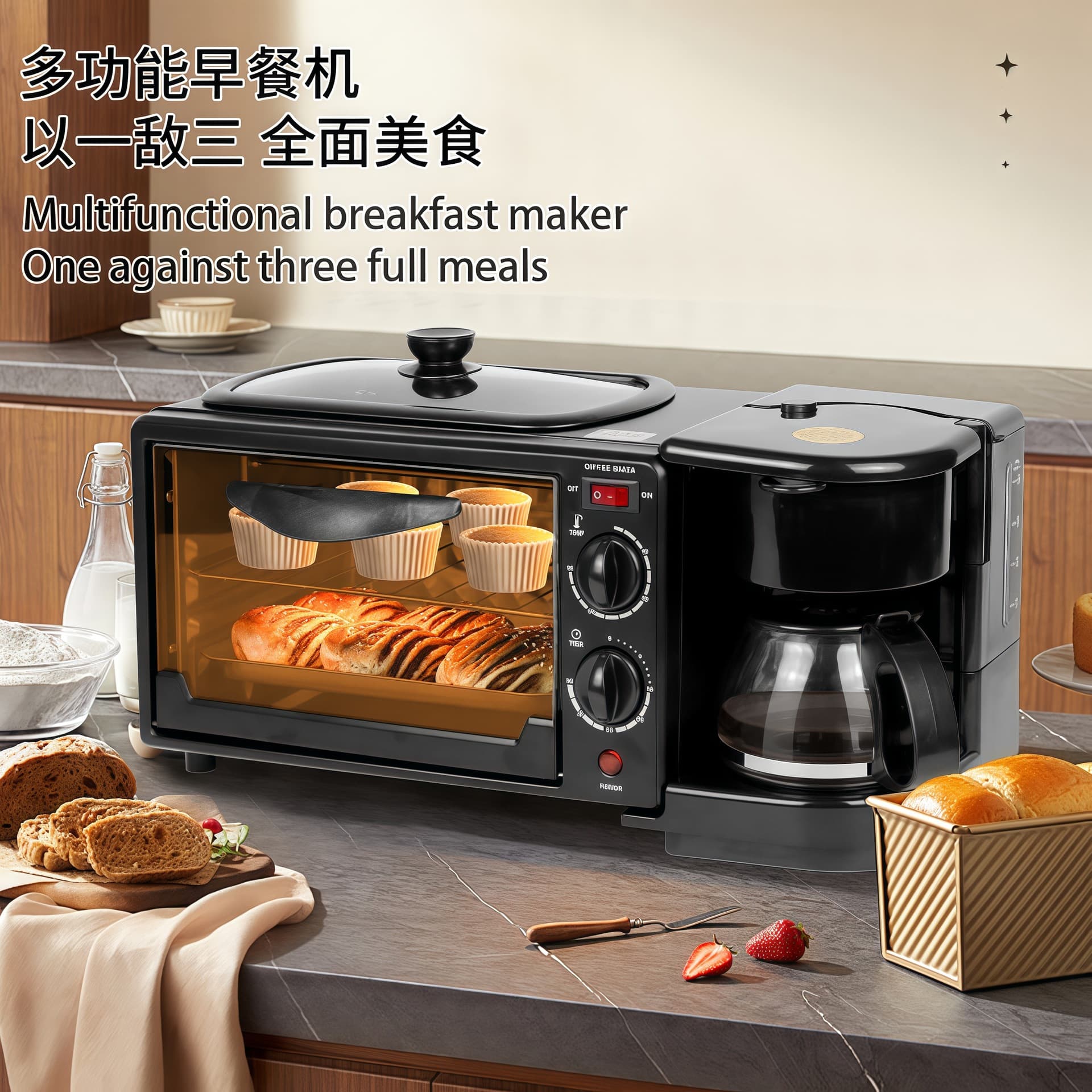 Multifunctional Breakfast Maker Home Use Toaster Sandwich 3-in-1 Bread Oven Coffee Maker Cross-border 110V 22