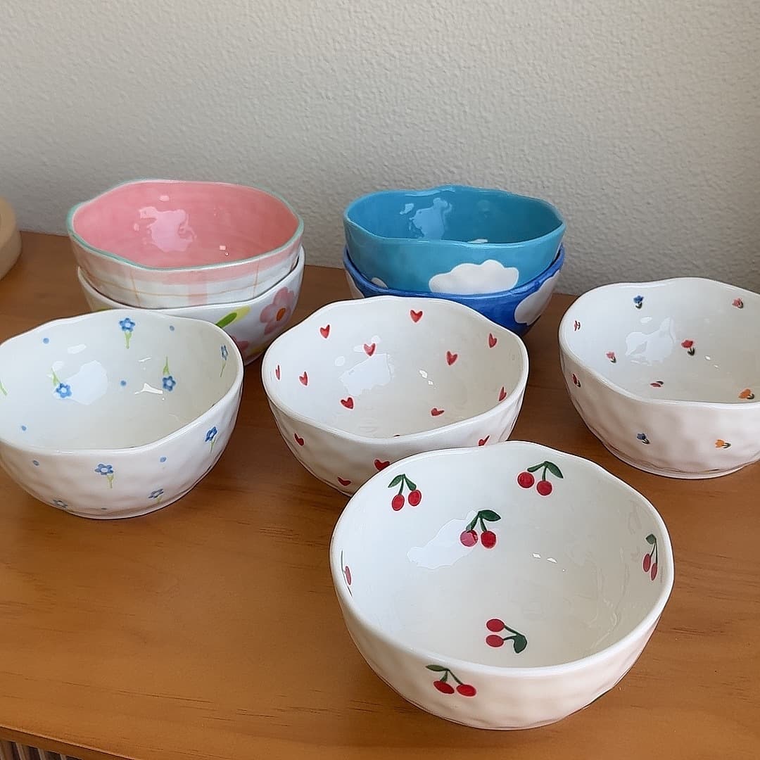 Ins-style handmade ceramic rice bowl for afternoon tea, dessert, and fruit, with irregular underglaze color design, personalized tableware