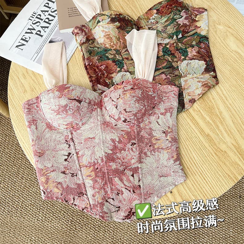 Cross-border Sexy Strapless Top Camisole Inner Wear Outer Wear with Padded Retro Court Style Jacquard Corset
