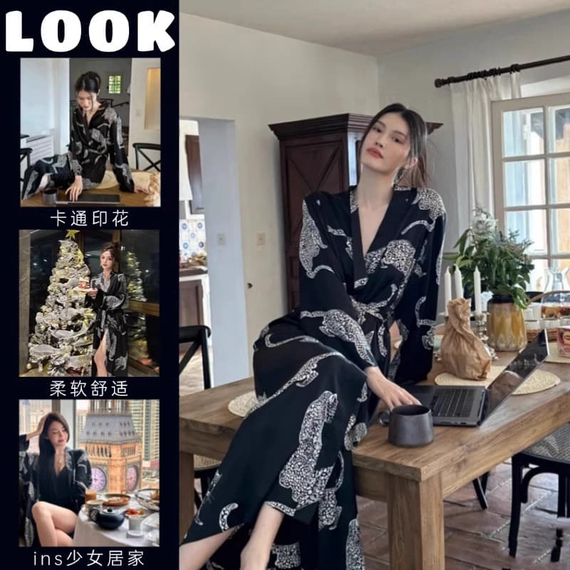Premium Leopard Print Long-Sleeve Pajama for Women, Spring/Fall New Arrival, Mid-Length Robe/Bathrobe, Wearable Outside Sleep Dress