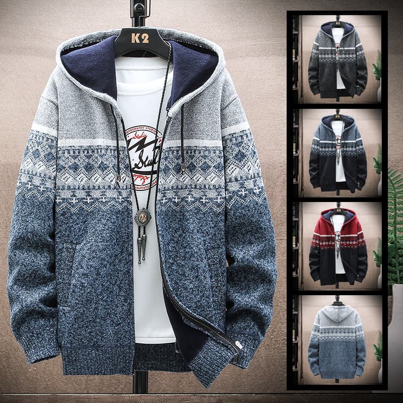 2024 autumn/winter new style export men's casual jacket, European and American hooded cardigan knit thickened fleece-lined sweater for men.