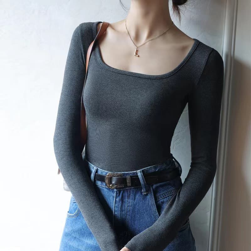 New 2025 Women's T-Shirt Amazon Cross-Border Square Neck Ribbed Fabric Fall Base Layer Black Low Neck Women