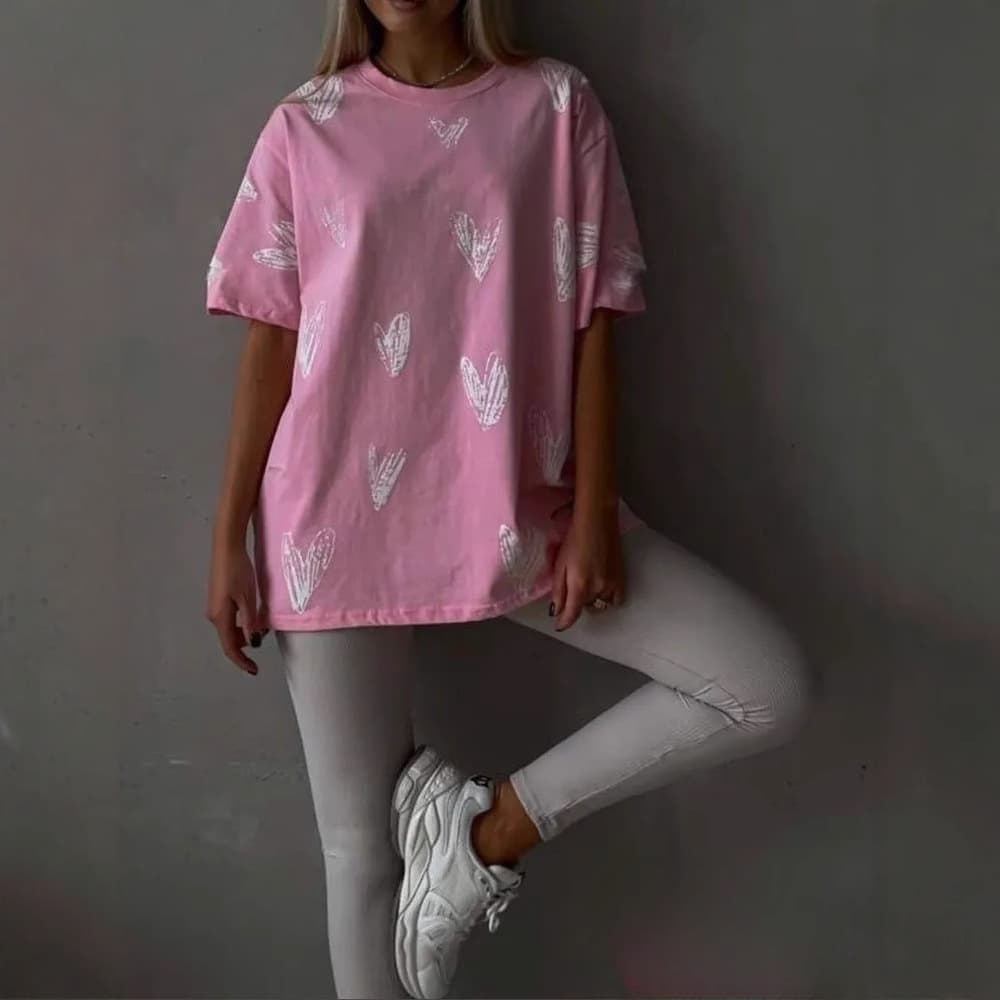 Cross-Border Trade Full Pink Heart Ripped Short Sleeve T-Shirt Women Loose Mid-Length Pure Cotton Top Base Layer Trendy