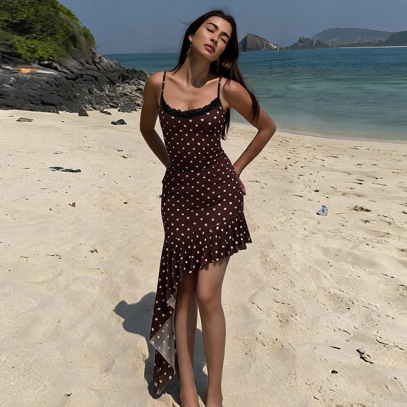 Cross-border European and American style women's clothing 2026 summer new polka dot print suspender hip sleeveless irregular dress