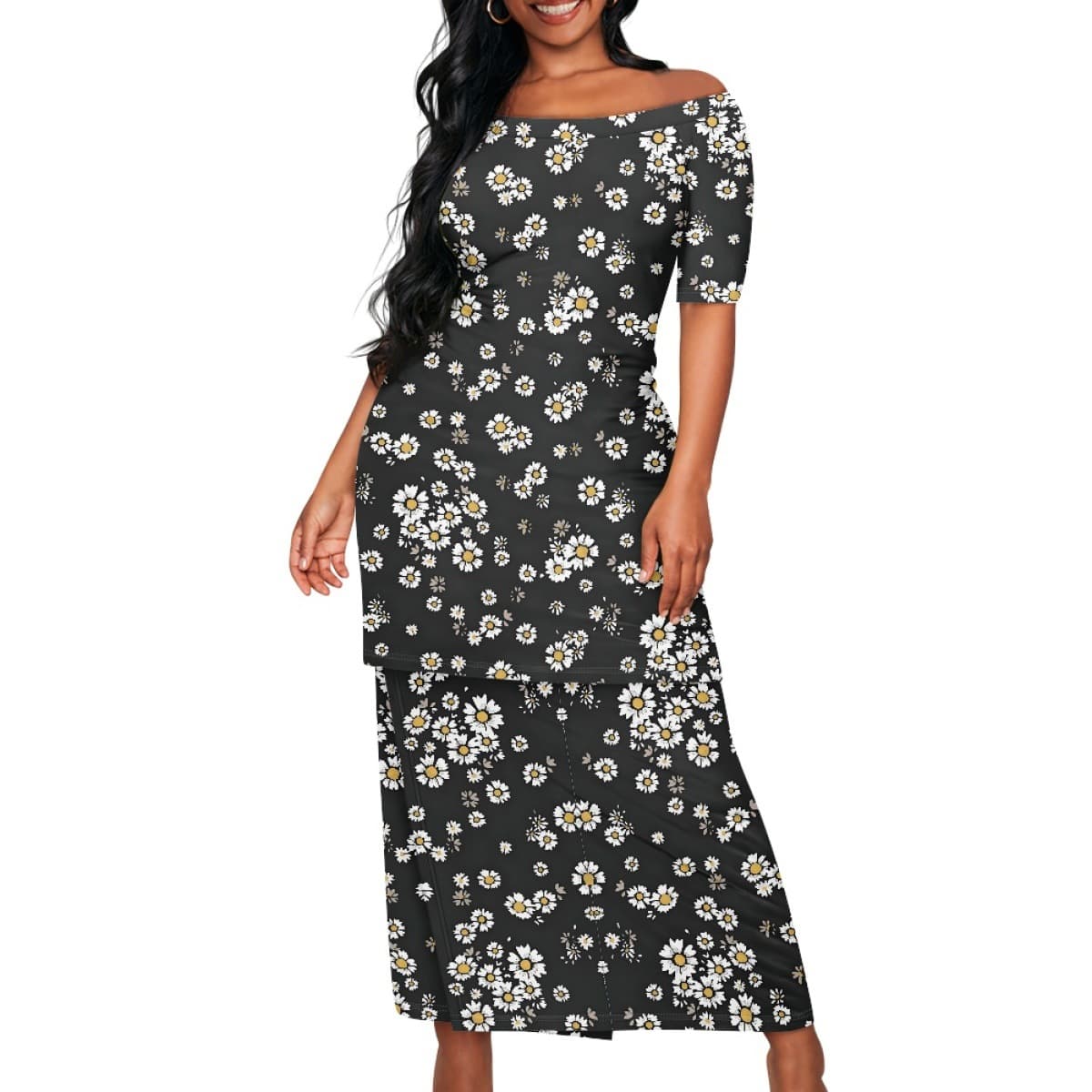 Foreign trade Samoan traditional two-piece set, daisy print women's short-sleeved top and long skirt, polyester-spandex blend island nation clothing