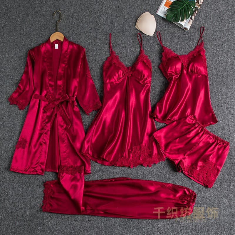 Women's Summer Ice Silk Sexy High-End Loungewear, Spring and Autumn Long-Sleeve Thin Large Size Five-Piece Set Suitable for Outdoor Wear