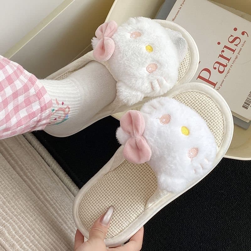 Linen Slippers for Women with Cloud-Like Comfort, Autumn Winter Outdoor Wear, Cute Cat Design, Indoor Home Quiet Soft Sole Non-Slip Slide Sandals