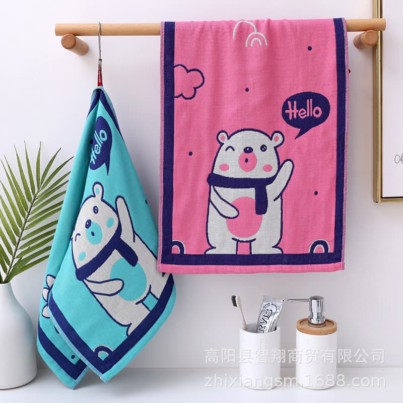 Zhiyang towel four-layer jacquard Hello Bear new gauze cotton face towel, soft absorbent face cloth, factory price wholesale