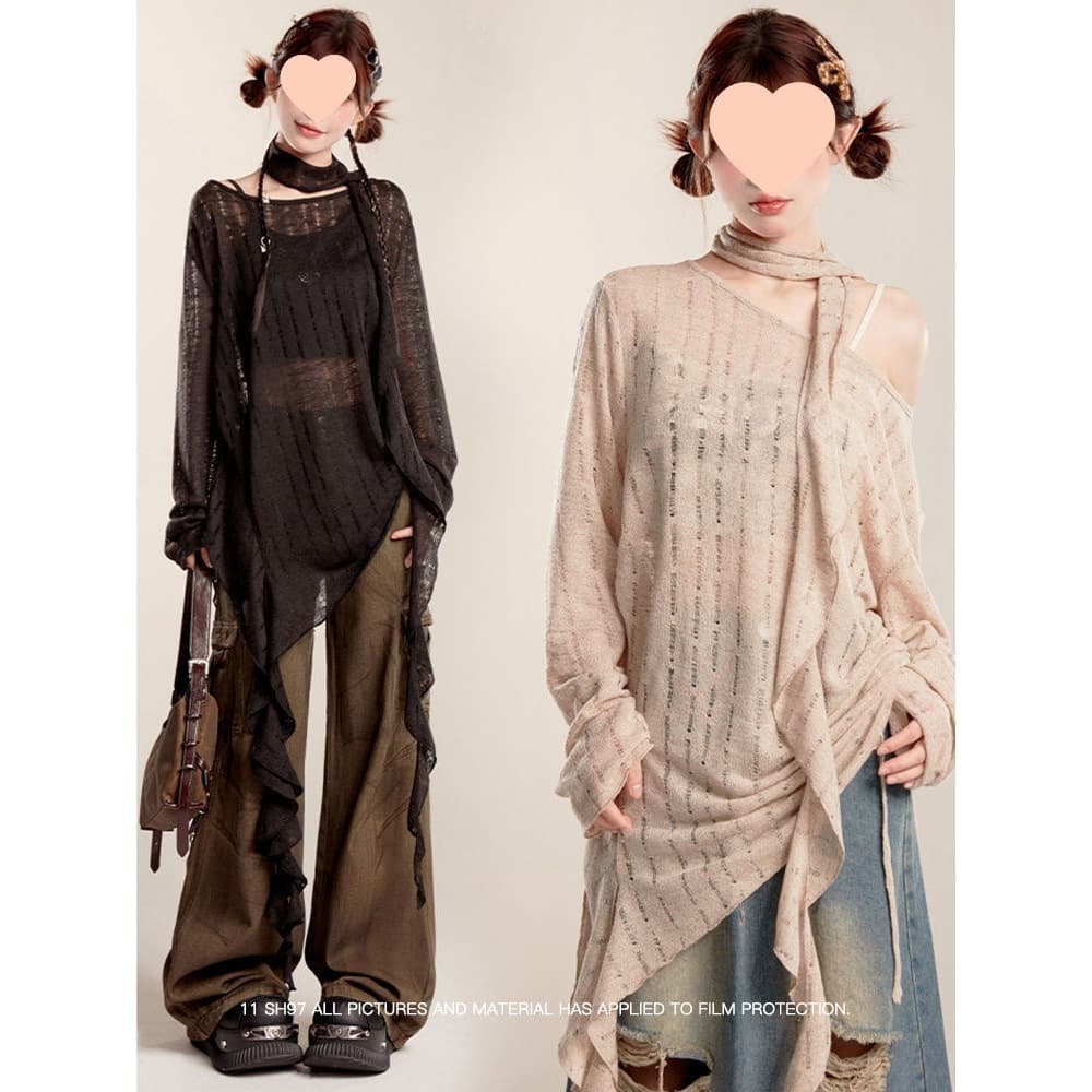 Long-sleeved knitted sun protection blouse for women in summer, irregular ruffled off-shoulder pure desire long-sleeved shirt top