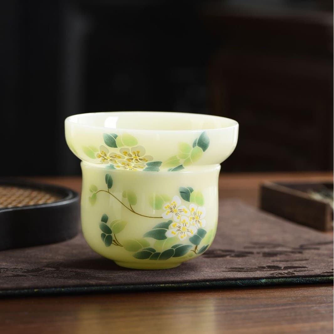 Puyu Tea Strainer and Filter 2-Piece Set, Ceramic Tea Leaf Filter, Waist-Cinched Cup, Household Tea Strainer, Kung Fu Tea Set Accessory