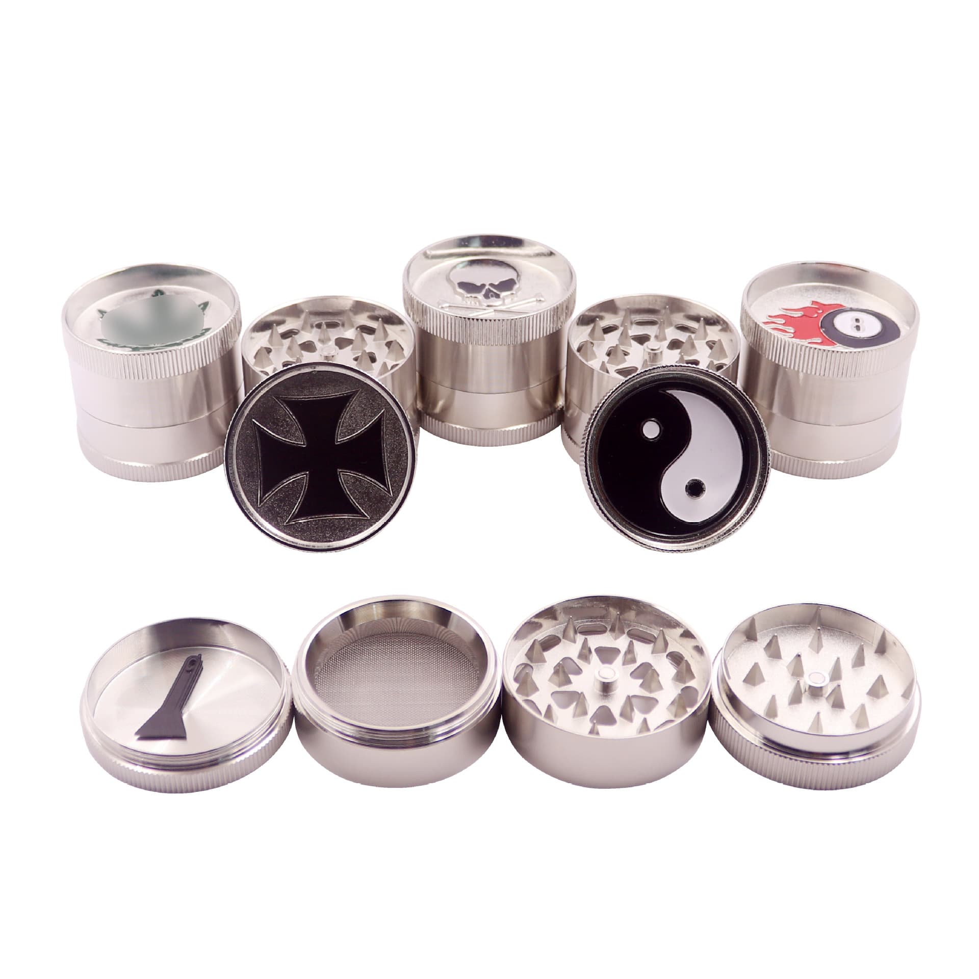 52mm old style cigarette grinder, four-layer multi-pattern sharp tooth grinder, smiley face Tai Chi cross cigarette grinder