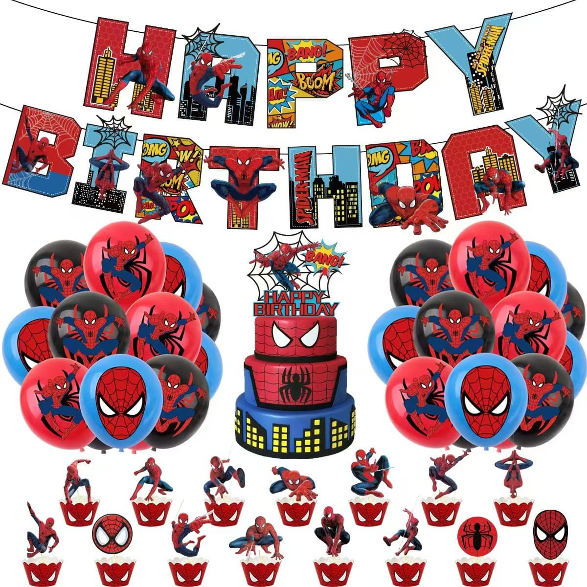Spider-Man Themed Birthday Party Decoration Superhero Combo Banner Latex Balloons Cake Topper Set