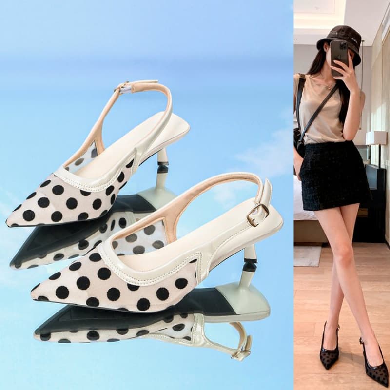 Commute Polka Dot Pointed Toe Sandals Back Strap Stiletto Heels Breathable Fashion Shoes Black and White Versatile