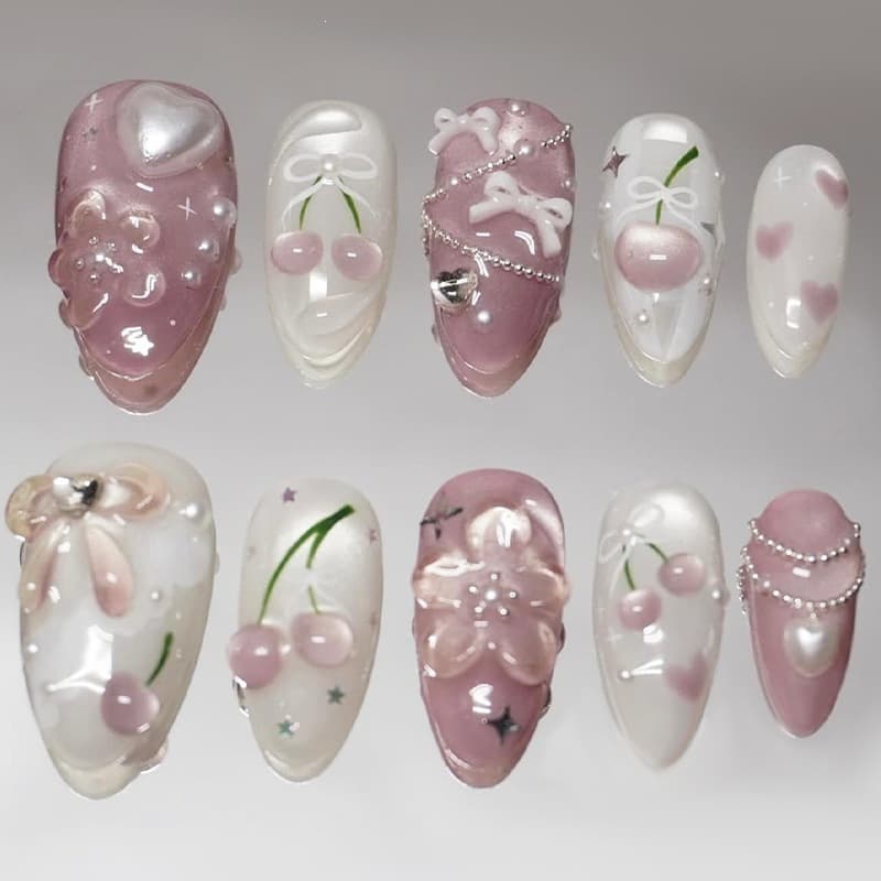 30pcs Cross-border Ice Transparent Press-on Nails Cherry Pearl Handmade Press-on Nails Bow Fresh Style Nail Tips False Nails