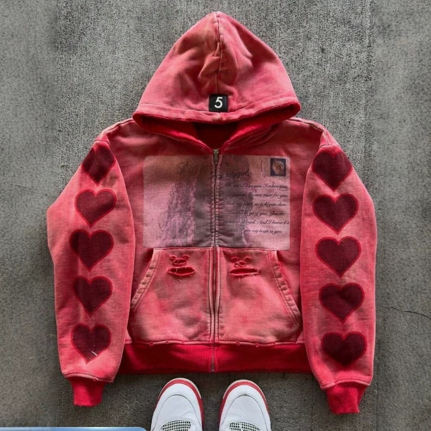 Women's Y2K Retro Heart Patch Hoodie Set Washed Distressed Letter Print Zip-up Cardigan