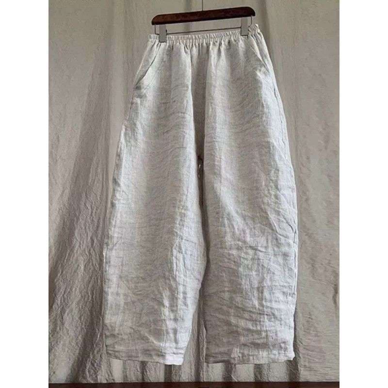 Vintage Pleated Linen-Cotton Wide-leg Pants for Women, Summer Thin 2026 New Plus Size Loose Linen Nine-point Curved Knife Pants