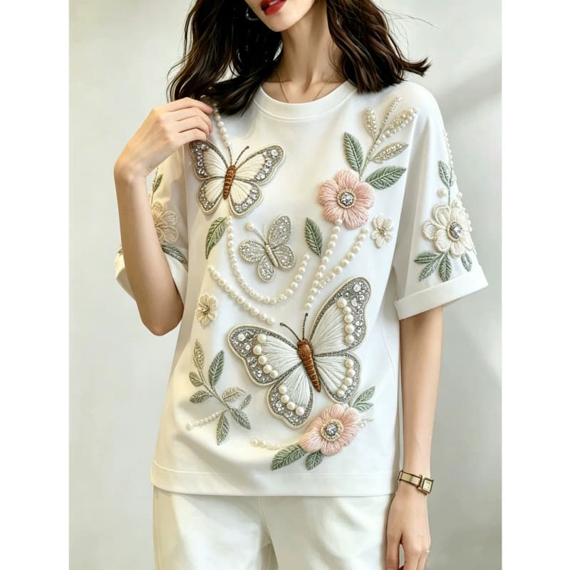 2026 Summer New Style French Elegant Commuter Butterfly Round Neck Short Sleeve T-Shirt for Women, High-End Light Luxury Top