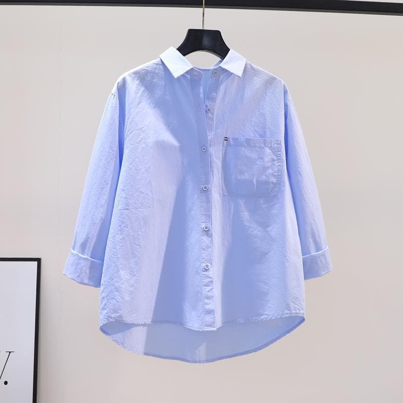 Blue Loose Cotton Shirt for Women Single Pocket Long Sleeve Casual Blouse 2026 Spring Summer Artistic Versatile Cardigan Top