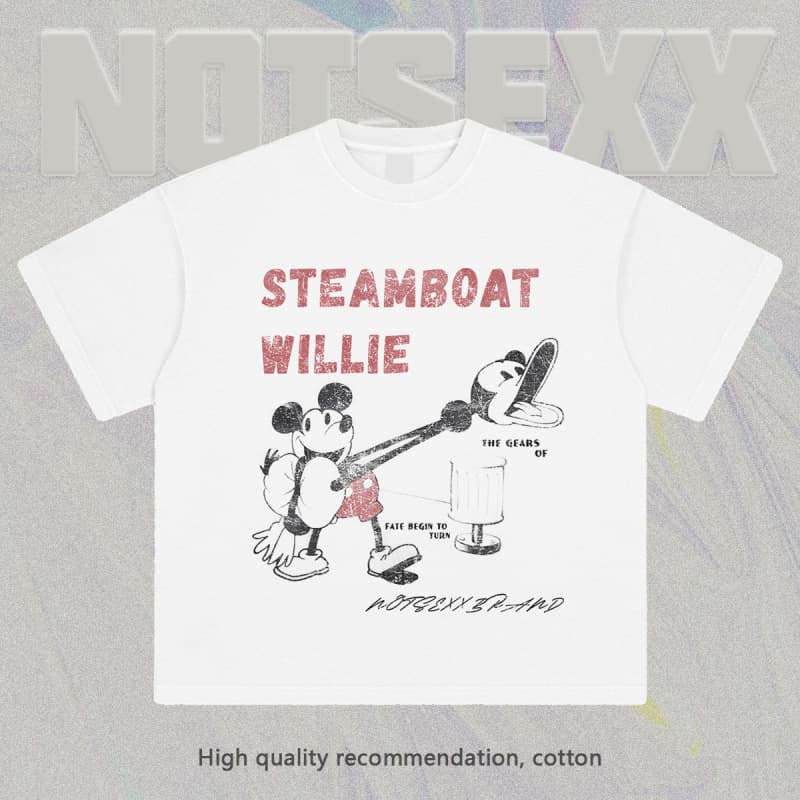 NOTSEXX "First Generation Mouse" Digital Print White Ink Direct-to-Garment 260g Distressed Boxy Loose Short Sleeve T-Shirt for Men