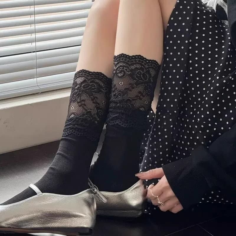 White Lace Trim Socks Women Spring/Autumn Mid-Calf Socks Cute Japanese Layered Socks Cotton Summer Thin Long Socks