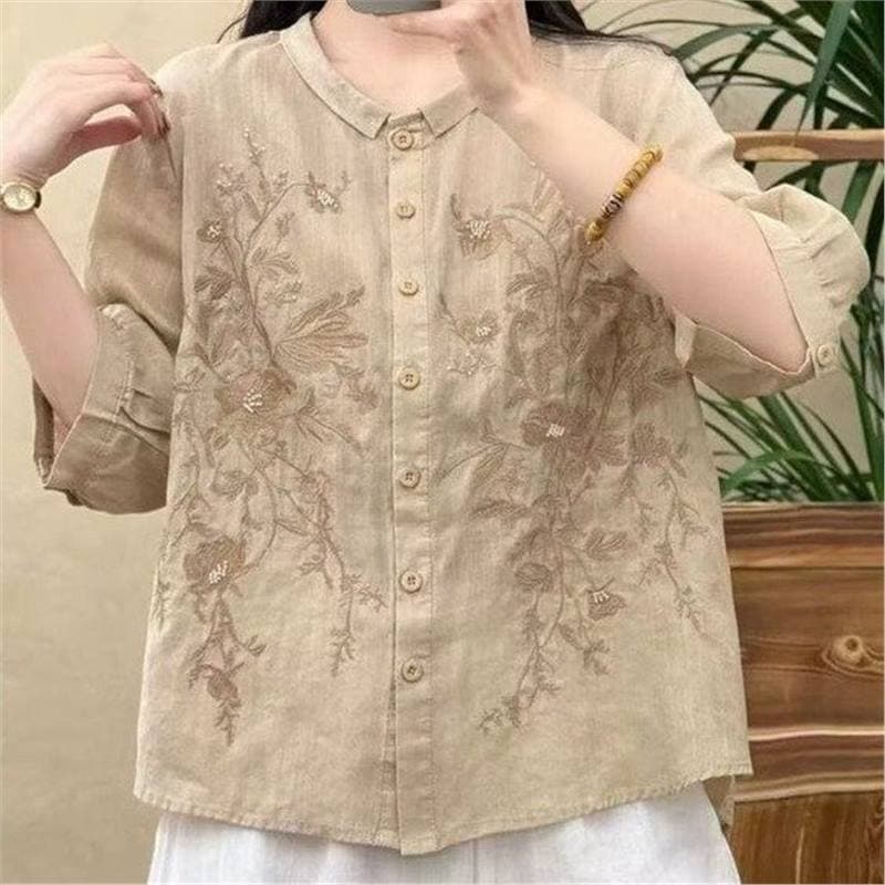 Original Popular Artistic Embroidery Loose Fitting Seven-tenth Sleeve Blouse for Women 2026 Summer Embroidered Top