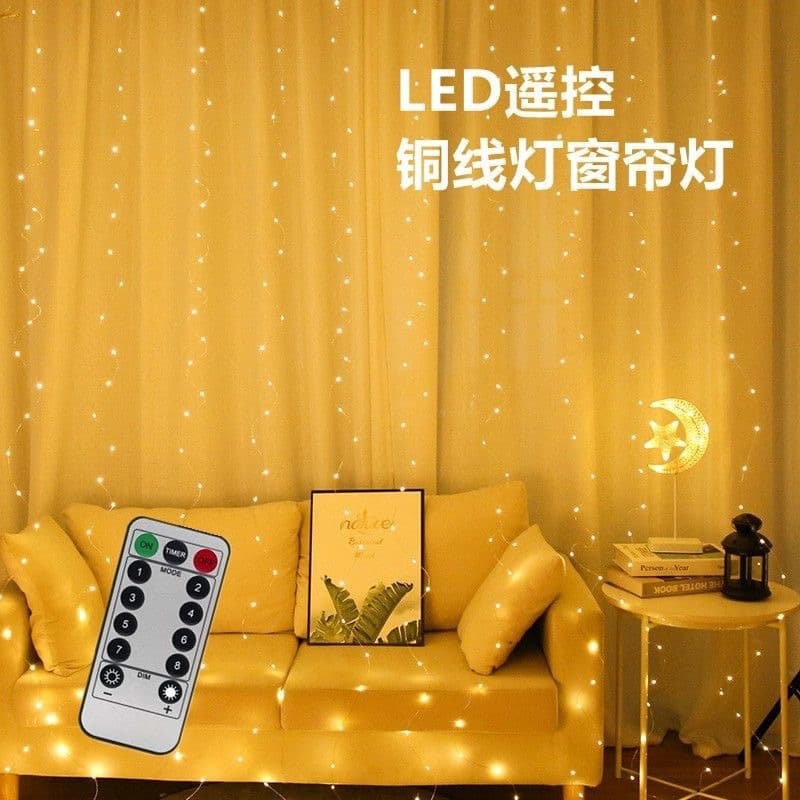 Cross-border Curtain LED String Lights, Remote Control, Waterproof Copper Wire Lights, Room Decoration, Festival Lights, Night Market Stall Ambiance Lights