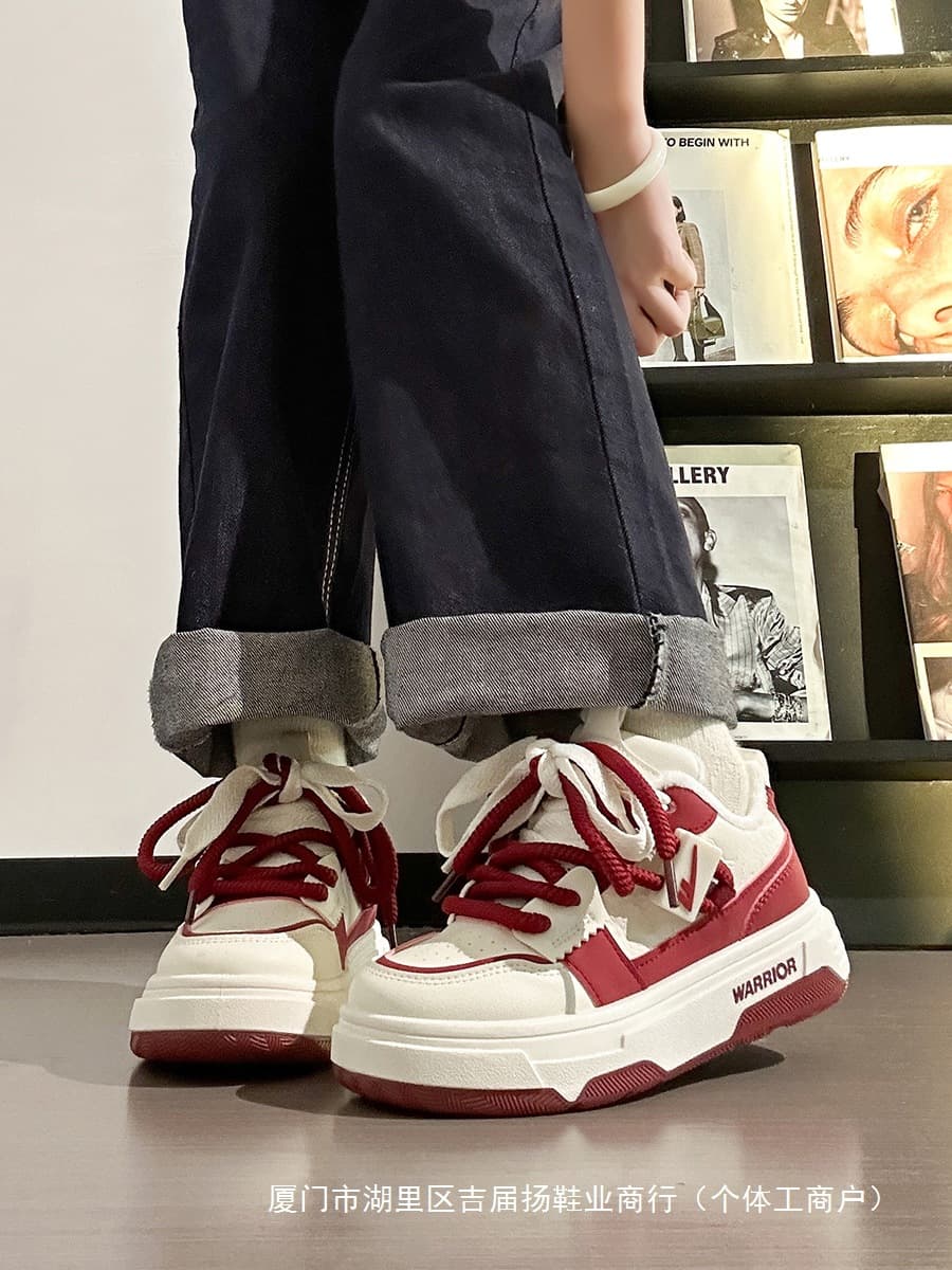 Wine Red Women's Shoes Autumn New Style White Sneakers Women's Popular Breathable Thick Sole Casual Shoes Versatile Style