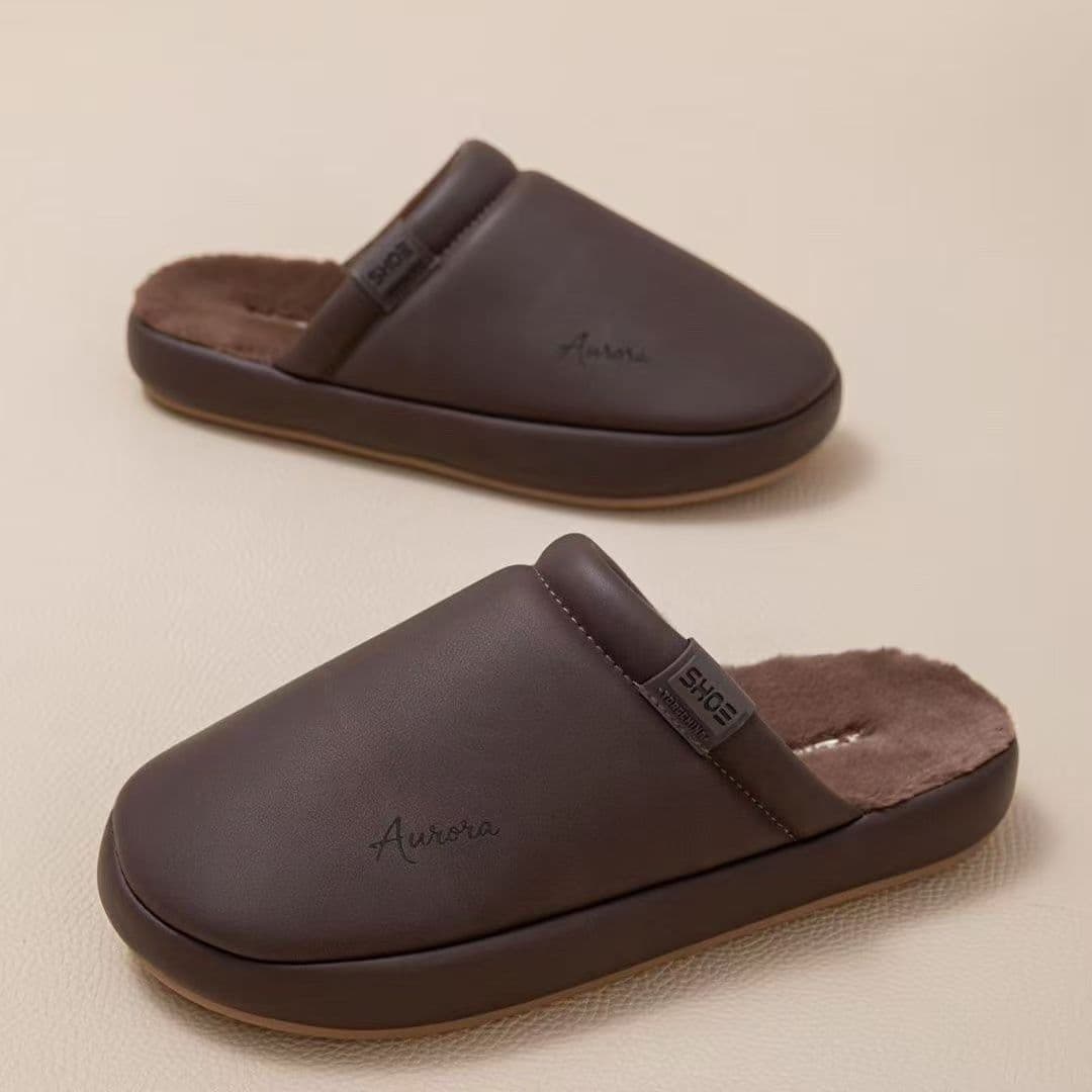 Fengrunjia New Cowhide Sole Anti-Slip Cotton Slippers PU Waterproof Simple Home Floor Slippers High Rebound Comfort Men's Slippers