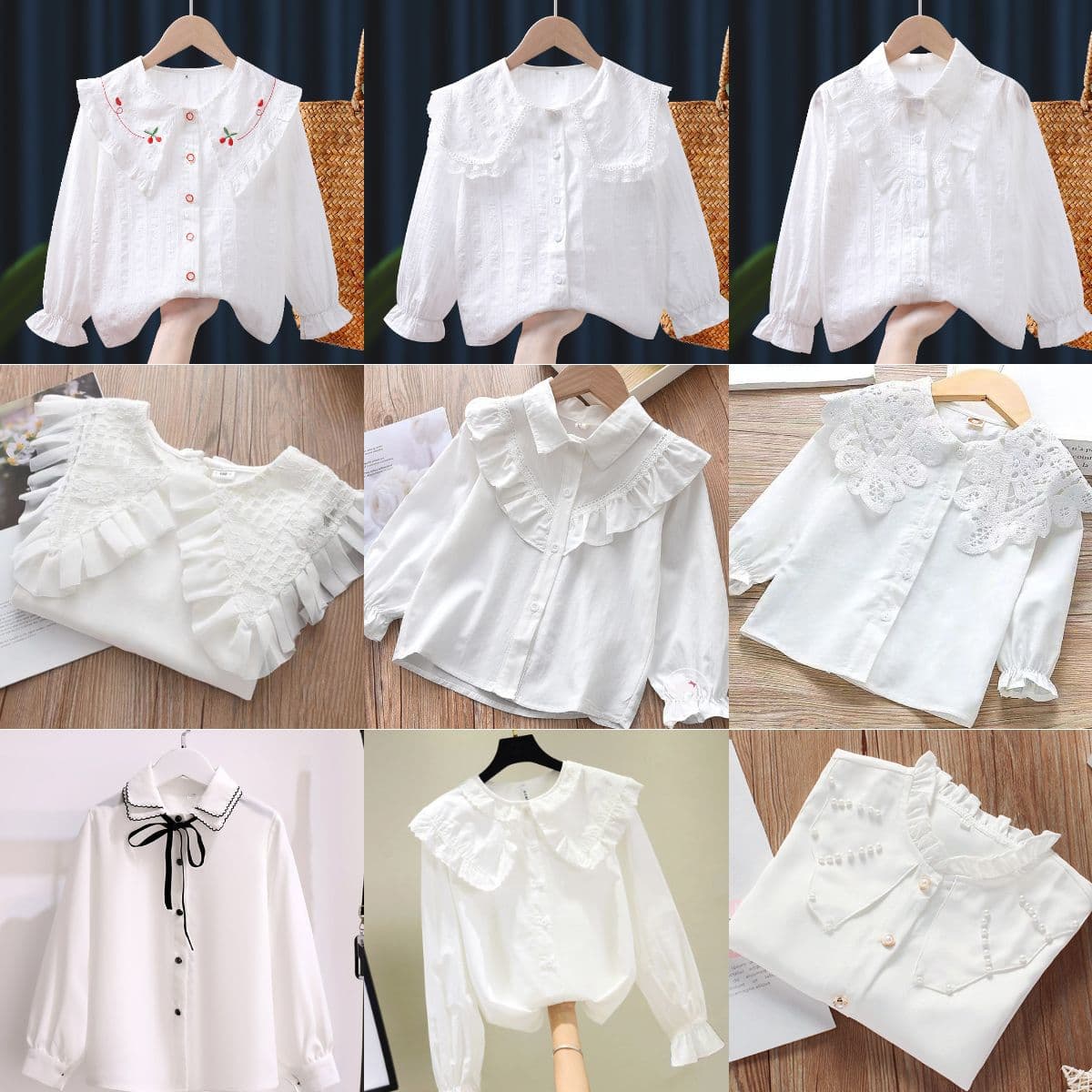 Pure cotton white lace-trimmed undershirt for girls, suitable for toddlers, students, and older children, long-sleeved, for overseas use.