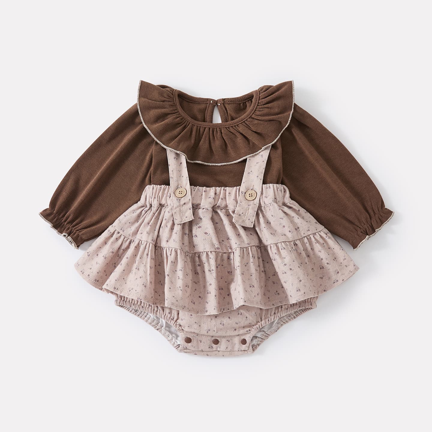 Infants and young children's simple lotus leaf collar bottoming shirt, baby girl's autumn new Korean floral suspender belt, stylish two-piece set