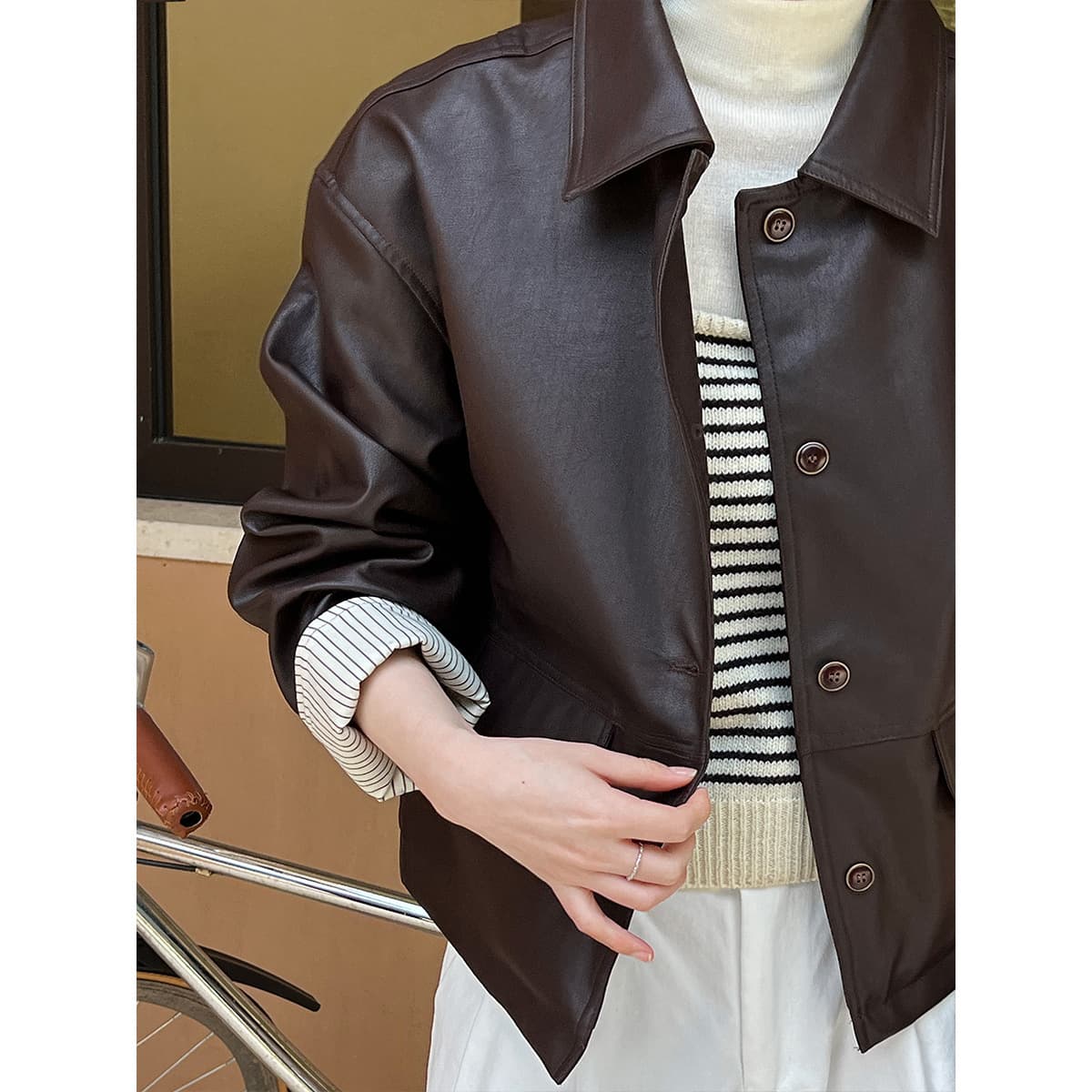 NS contrasting color PU leather jacket for women with retro design, autumn new high-end motorcycle jacket 9687