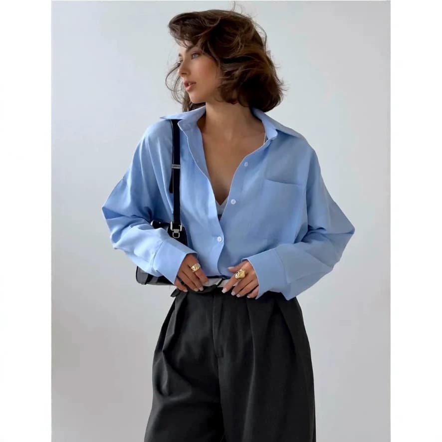 2026 Simple Pink and Blue Two-Color Shirt for Women, High-End Loose Fit, Commuter Style, Slimming, Versatile Long-Sleeve Casual Blouse