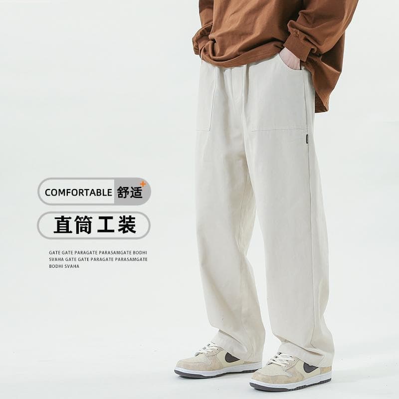 Mop Trousers Hong Kong Style Cargo Pants Men's Casual Long Pants Spring Autumn Trendy High Street Loose Straight Wide Leg Pants
