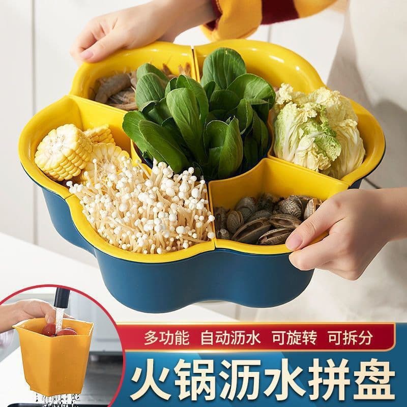 Compartmentalized Rotating Hot Pot Vegetable Platter, Double-Layer Plastic Creative Multifunctional Round Side Dish Plate, Home Kitchen Side Dish