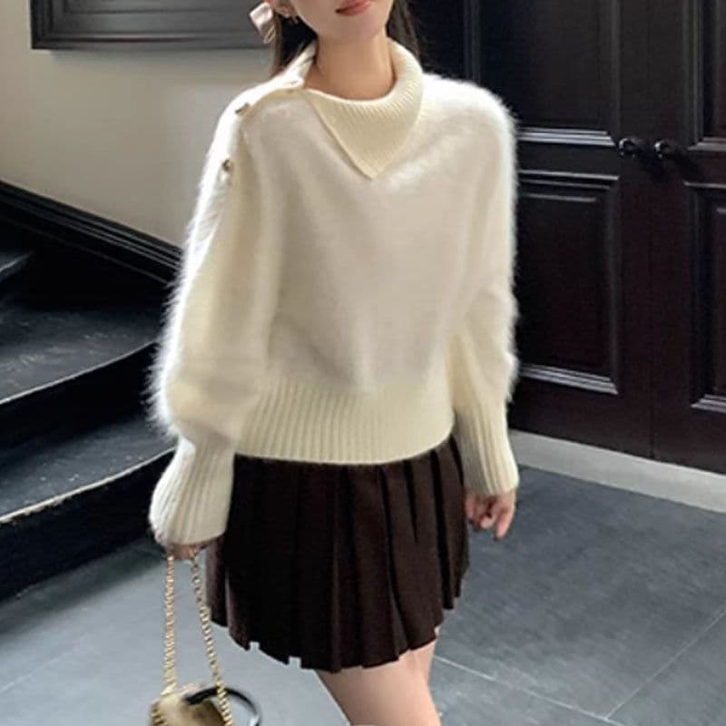 Fresh French Style White Irregular Button Long Sleeve Turtleneck Pullover Sweater for Women, New Fall/Winter Soft Knitwear