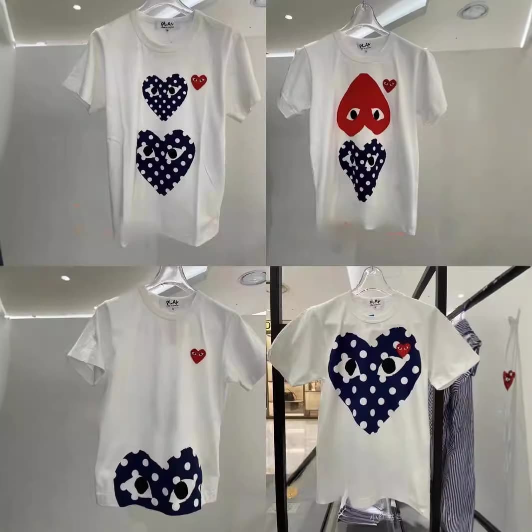 CDG Play 2023 Summer Solid Color Heart Embroidery Printed Unisex Short Sleeve T-Shirt with Sequins