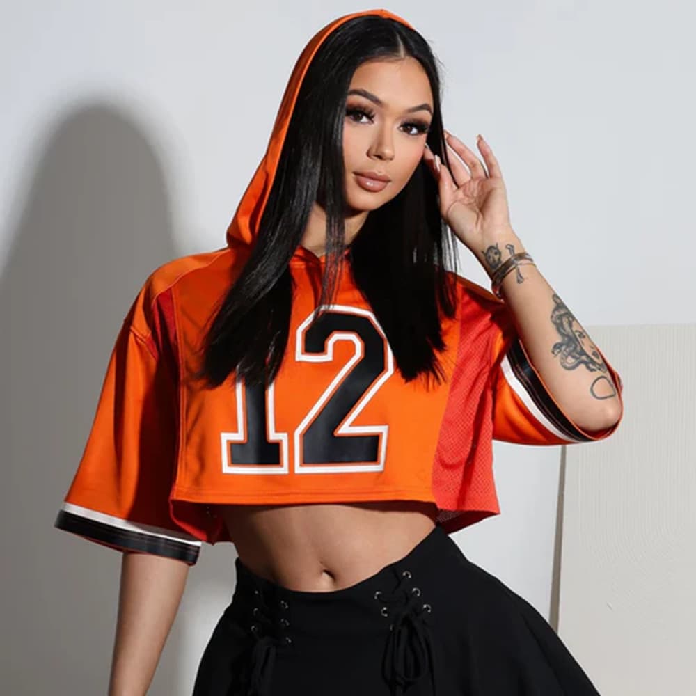 51650 European and American Sports Style T-shirt Summer Hooded Navel All-match Loose Sexy Mucilage Printed Short-sleeved Top for Women