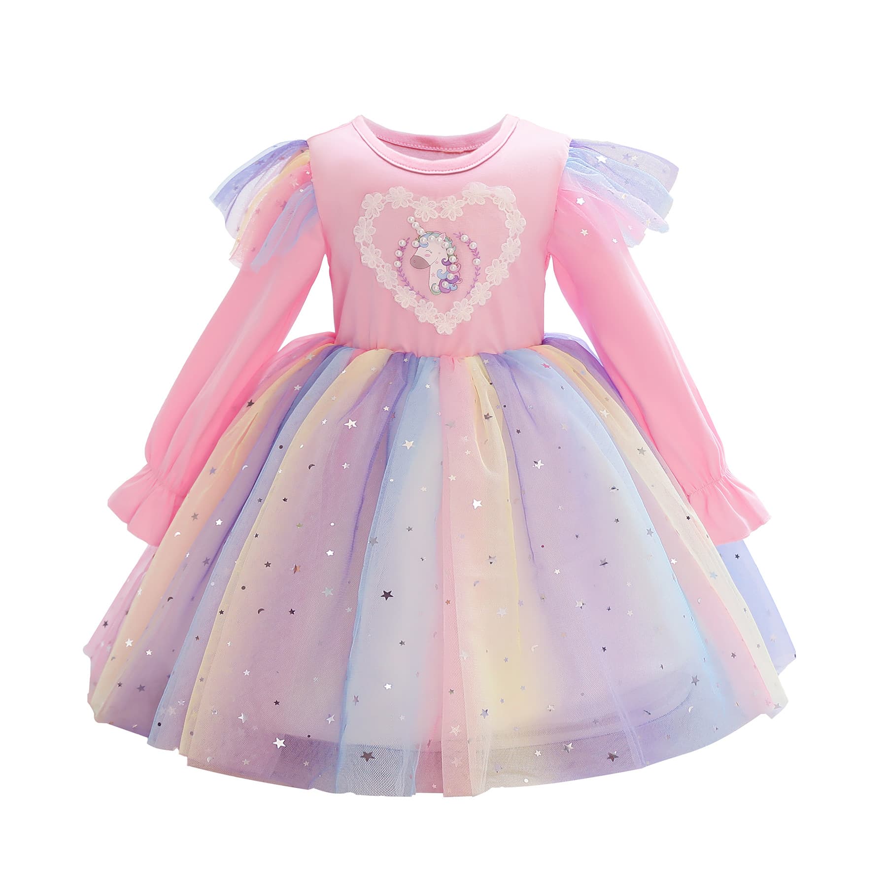 Spring and Autumn Dresses for Older Children, Girls' Long-Sleeve Unicorn Birthday Clothing, Rainbow Horse Mesh Princess Dress for Children