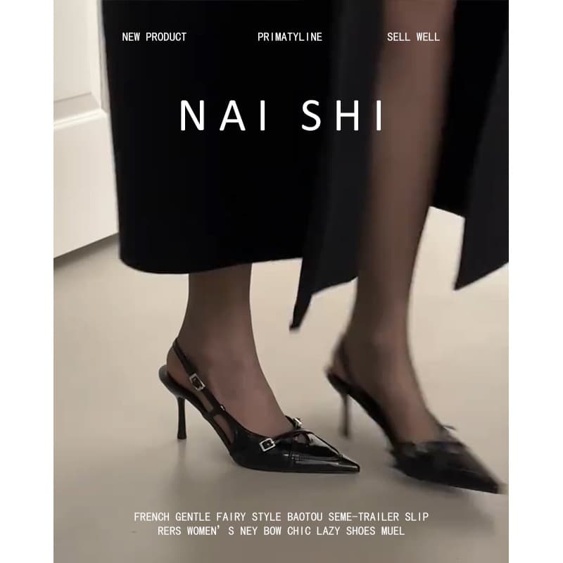 Sheepskin Edition! Pointed-Toe Belt Buckle Closed-Toe Sandals for Women, One-Strap Patent Leather Elegant Slingback Black High Heels