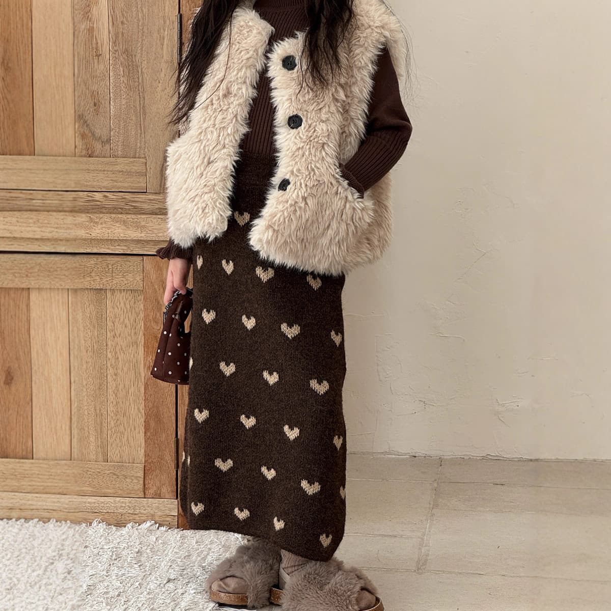 Yuyu Princess Girls' Autumn Winter New Korean Style Knitted Wool Half Skirt Baby Girl Mid-Length Heart Pattern Wool Skirt