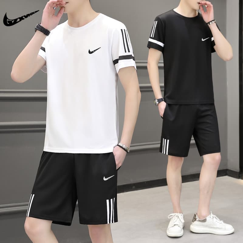 Cross-Border T-Shirt and Shorts Set Summer Round Neck Men's Casual Two-Piece Lightweight Breathable Quick-Dry Set Trendy