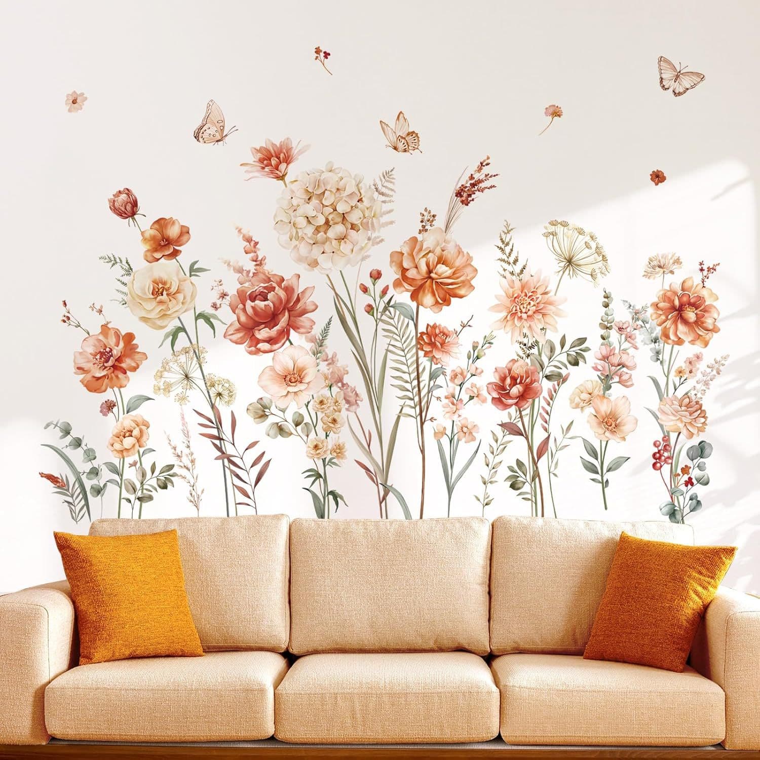 Boho Floral Wall Sticker Wildflower Garden Grass Girl Bedroom Living Room Kitchen Wall Decoration PVC Sticker