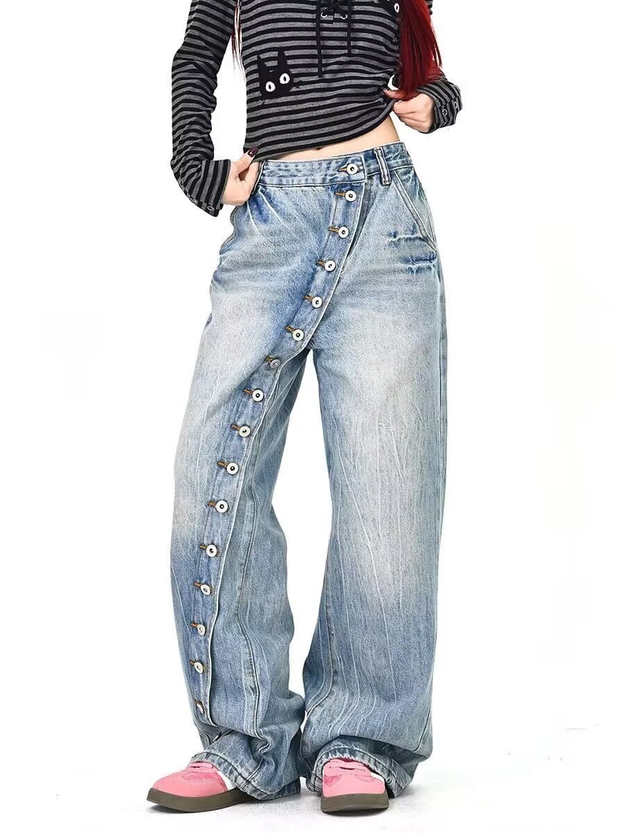 American Retro Plus Size Washed Button-Fly Jeans for Women, Edgy Unique Design Floor-Length Pants