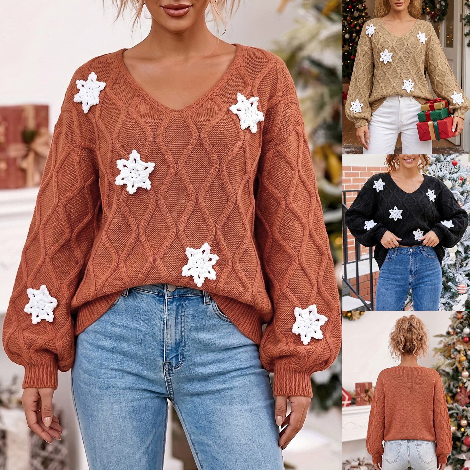 Cross-border EU/US V-Neck Christmas Sweater 2026 Hand-Crocheted Christmas Snowflake Cartoon Knit Diamond Jacquard Sweater