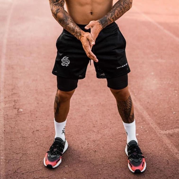 2023 European American Sport Double Layer Shorts for Men, Training Fake 2-in-1 Basketball Running Gym Shorts, Drop Shipping Casual Versatile