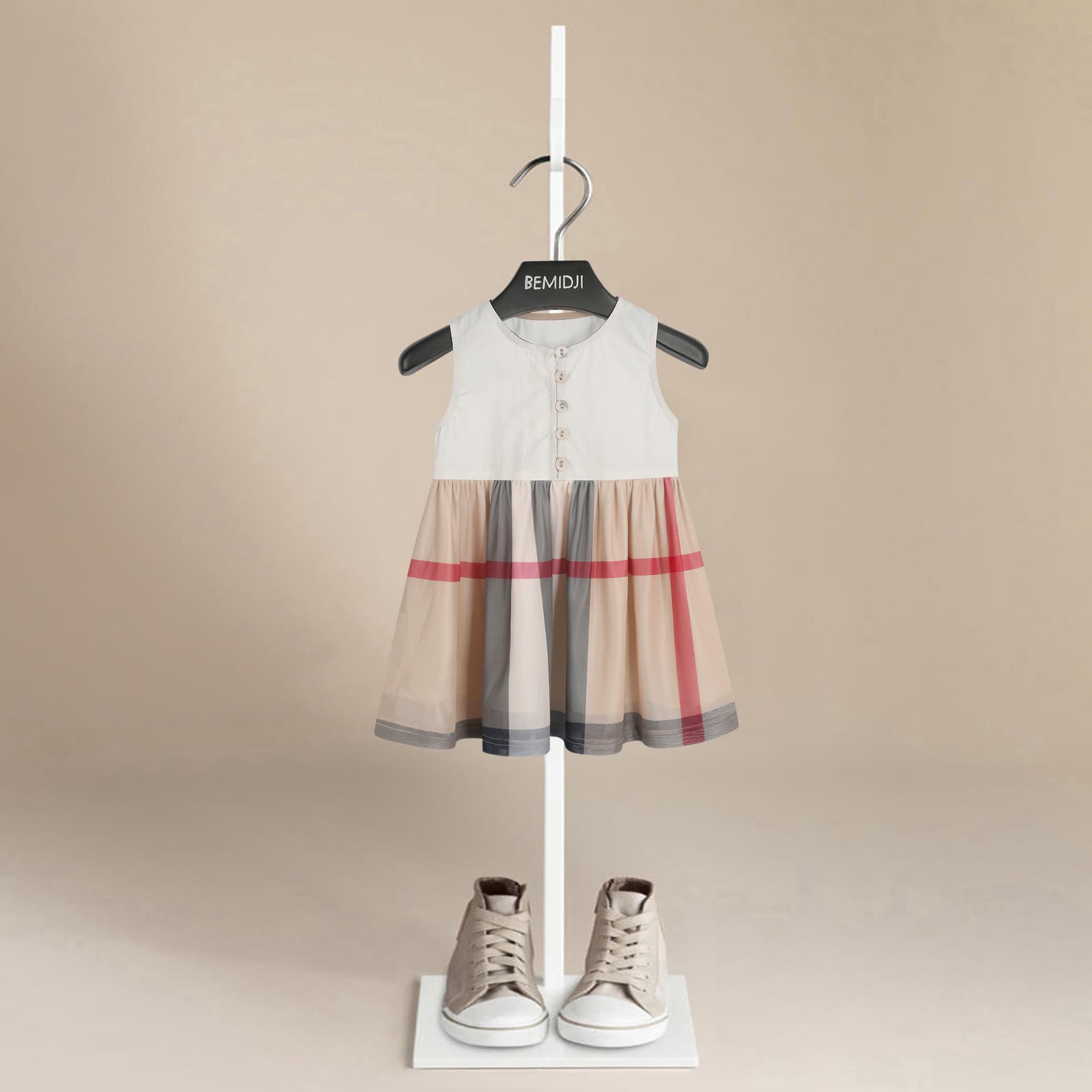 Bemiji Summer Cotton Kids Dress for Toddlers and Young Girls, Fashionable and Simple Princess Dress with Plaid Tulle Skirt