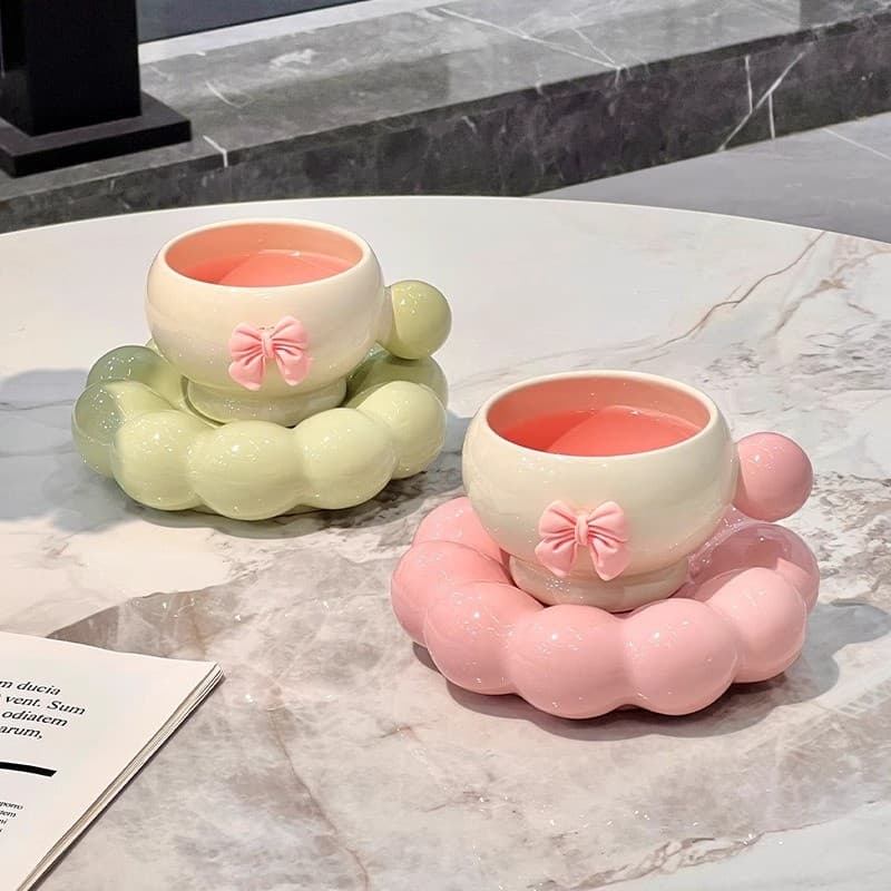 High-looking coffee cup and saucer set for couples home afternoon tea tableware ceramic cup and saucer high temperature resistant niche bow