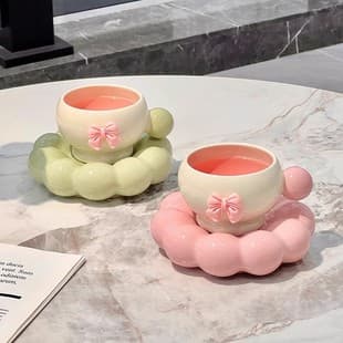 High-End Coffee Cup and Saucer Set, Couple Home Afternoon Tea Tableware Ceramic Cup Saucer, High Temperature Resistant, Niche Bow Tie