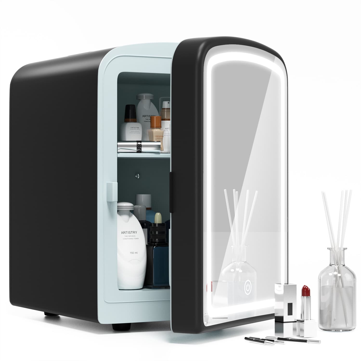 Beauty Fridge with Touch Light Makeup Mirror, Car Mini 4L Refrigerator for Cosmetics Skincare, Home Use